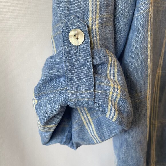 100% Linen Classic Blouse Blue Button Down Shirt Parisian Works Medium Petite - Picture 5 of 8